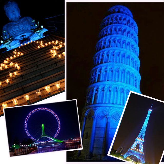 Autism Awareness at the Leaning Tower of Pisa, Eiffel Tower, London Eye, Budha