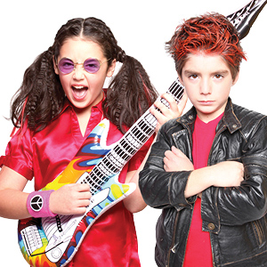 A girl and boy dressed up as rock stars during a Snip-its salon party.