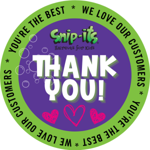 Purple and green button worn during Customer Appreciation Days