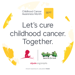circle with text and accented in yellow for childhood cancer awareness month with St. Jude logo and Snip-its logo.